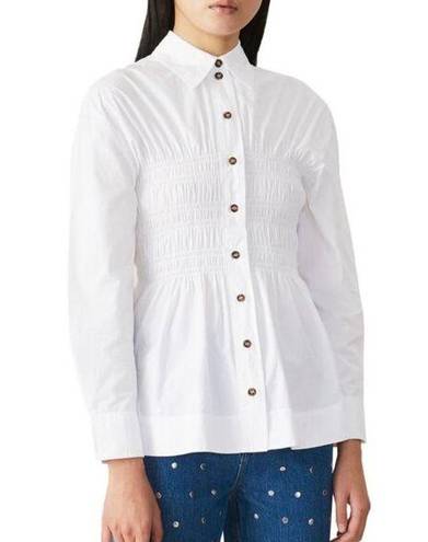 Ganni  Ruched Cotton Poplin Shirt Button Down Long Sleeve White Women's 34 US 4