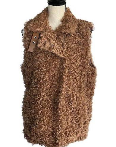 INC  Small Faux Fur Vest Full-Zip Sleeveless Lined Pockets Collared Clay Tan New