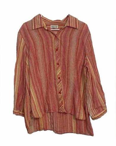 Coldwater Creek -Orange Peach Yellow Striped Long Sleeve Linen Button Top XL