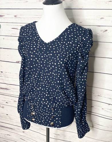 Carmen Marc Valvo  Navy Blue Polka Dot Puff Sleeve Blouse Size Small