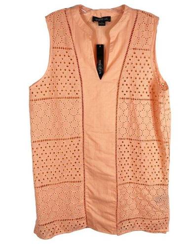 August Silk  Medium Top Orange Peach Eyelet Embroidered Sleeveless Tunic 840