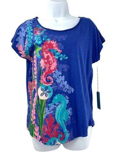 Caribbean Joe Women's Short Sleeve Seahorse Coastal Beach Graphic Top Small