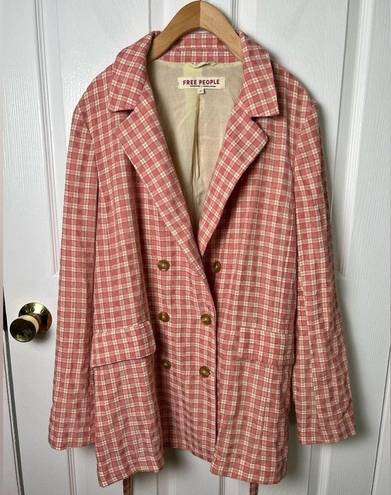 Free People  Pink Cream Long Sleeve Button Waist Tie Olivia Gingham Blazer M