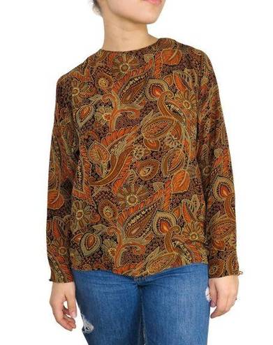 Oleg Cassini  Silk Paisley Vintage Brown & Orange Retro Long Sleeve Blouse Small