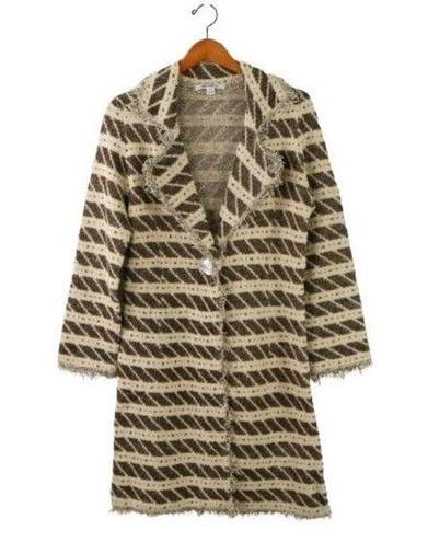 Katherine Barclay New  Fringe Trim Cream Brown Long Duster Cardigan Sweater M