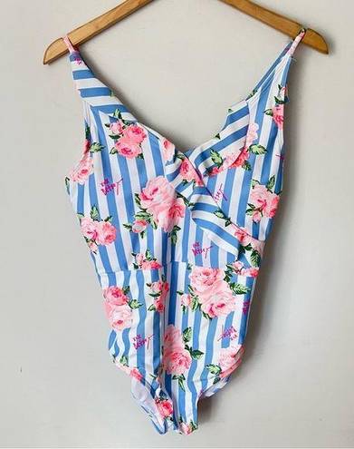 Betsey Johnson  Women Blue Stripe Floral 1 Piece Swim Suit Size S Large