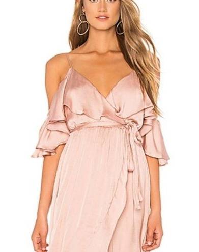 Bardot  Dress Womens 6 Bea Cold-Shoulder Ruffle Wrap Biscotti Dusty Pink Satin