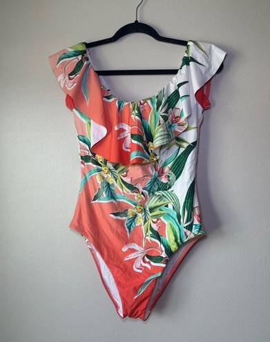 Trina Turk  Costa De Prata Tropical Floral Ruffled One Piece Swimsuit Size 12