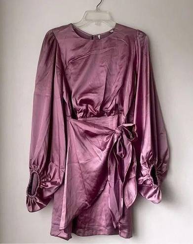 Petal and Pup  Opal Mauve Purple Satin Long Balloon Sleeve Wrap Mini Dress 4