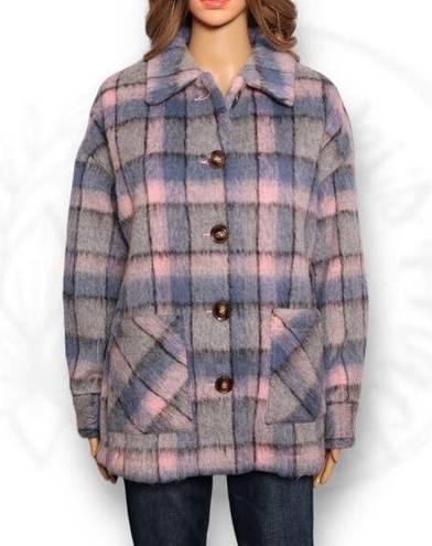 Cyrus  Faux Fur Fuzzy Plaid Button Front Jacket Shacket Pink Gray & Blue Size S