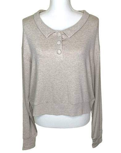 Lesjour! Heathered Oatmeal The Henley Ecovera Button Collar Long Sleeve Polo Top Size M