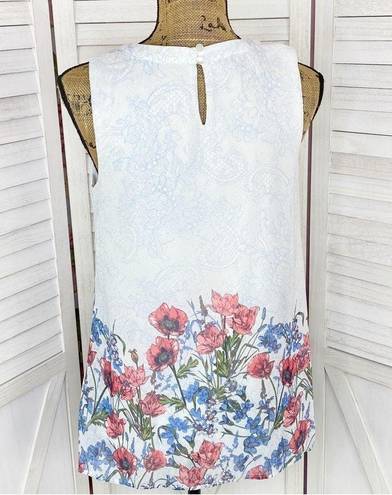 AGB Floral Lace Print Sleeveless Blouse Blue White Small