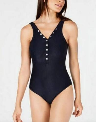 Tommy Hilfiger  Women's Ribbed Snap-Front One-Piece Navy Blue Swimsuit 10 NWT