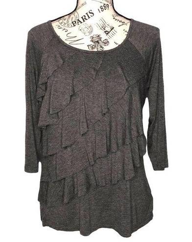 AB Studio  MEDIUM Ruffle Layered Front 3/4 Sleeve Soft Tee Gray