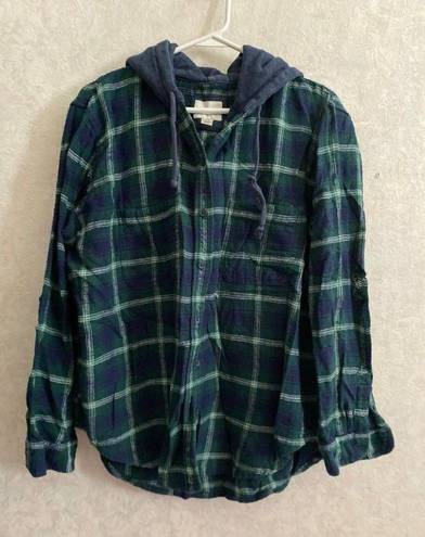 American Eagle  women's large long sleeve hooded blue / green plaid top