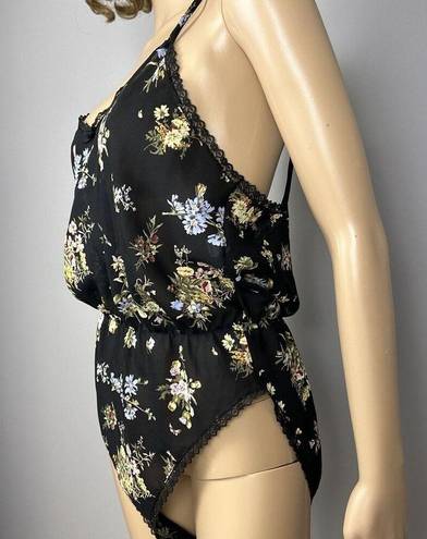 Petra Fashions Vintage  Teddy Bodysuit Lingerie Size Large Sheer Black Floral USA