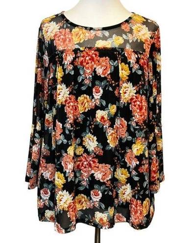 Brooks BOBBIE  Ladies Boho Floral Mesh Overlay Bell Sleeve Popover Tunic Blouse