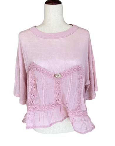 Free People mixed media ruffle tee pink NWT Fall in Love XL