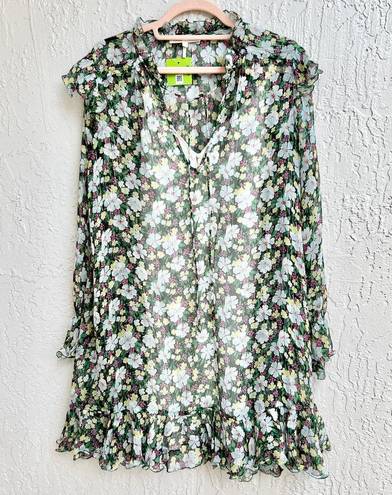 Maje NWOT  Rullina Ruffled Floral Print Metallic Mini Dress Green Women's Sz 1/S