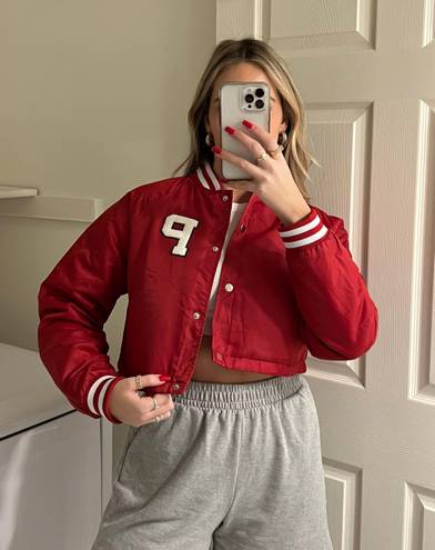 Pretty Little Thing Red Cropped Bomber Racer Jacket