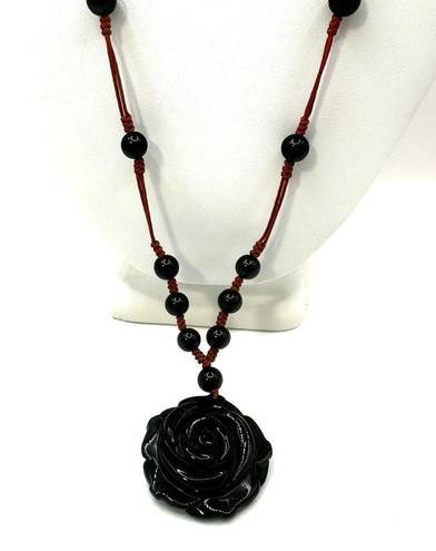 Onyx black  flower beaded pendant necklace on cord