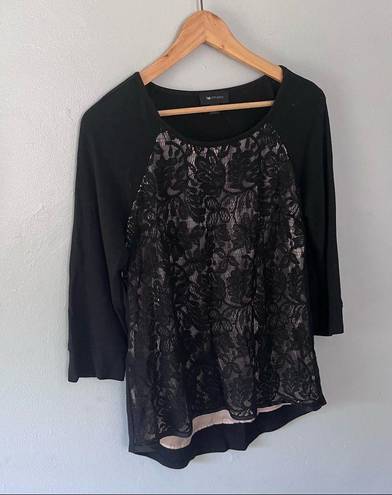 AB Studio  Lace Front 3/4 Quarter Sleeve Black Shirt Blouse Small