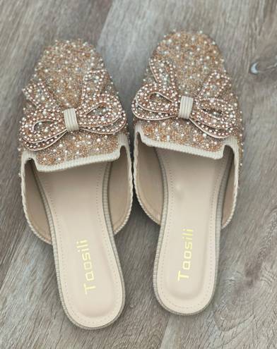 Amazon Rose Gold Pearl Bow Mules 