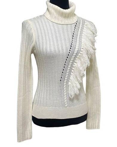 DKNY  Ivory Fringe Knit Ribbbed Turtleneck Sweater Top Size Small