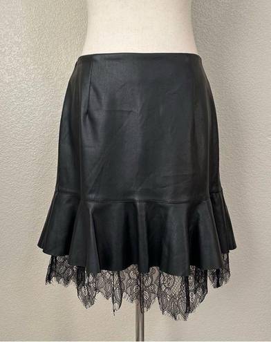 Who What Wear  Black Faux Leather Mini Skirt with Ruffle Lace Hem