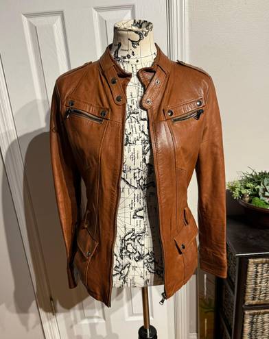 Vera Pelle Lory  ITALIAN BEAUTIFUL GENUINE LEATHER  BELTED JACKET , MADE WITH SOFT LAMBSKIN ! COLOR : BROWN DISTRESSED motorcycle Sz 42 Cognac Solofra Italy