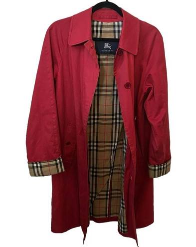 Burberry London Red Single Breasted Nova Check Lined With Flip Cuffs SZ 2 Trench