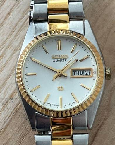 Seiko  SQ Ladies Watch White Dial Day Date Window Two-Tone Bracelet Vintage