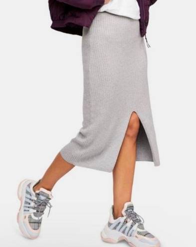 Free People Medium Rib Knit Midi Bodycon Pencil Skirt Grey Slit Cut Front