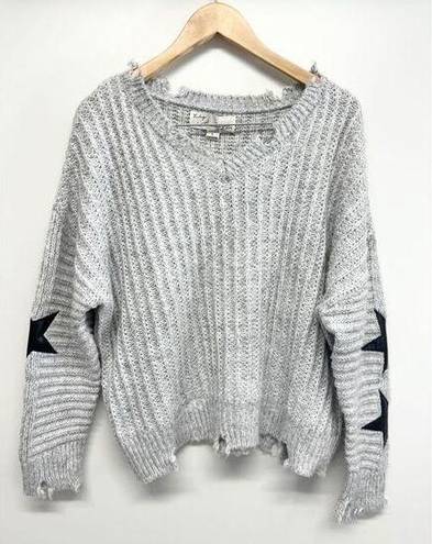 Vintage Havana  Sweater Womens Distressed Star Patch Gray Ribbed Knit NEW