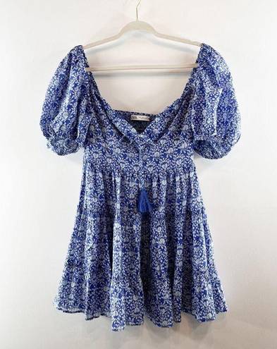 ZARA  Floral Ballon Short Puff Sleeve Mini Sundress Blue White Medium