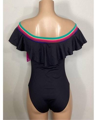 Trina Turk New.  black ruffle neck swimsuit. Size 10. Retails. $159