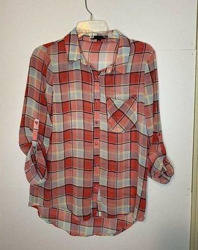 Hot & Delicious  Womens Sheer Button-Up Plaid Size Small