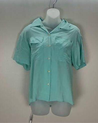 Oscar de la Renta  100% Silk Teal Blue Green Button Down Top size 6 short sleeve