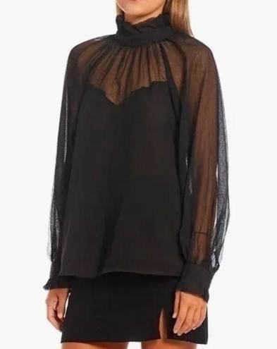 Oak + Fort  Black Sheer Ruffle Neck Sleeve Top Long Sleeve Size Small