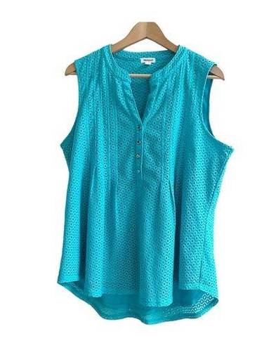 Westport  Crochet Eyelet Tank Teal Blue Button Front Plus Size XL