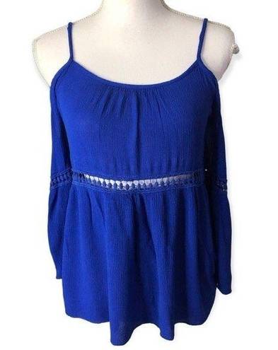 Emma’s Closet  Royal Blue Boho Cold Shoulder Embroidered Blouse