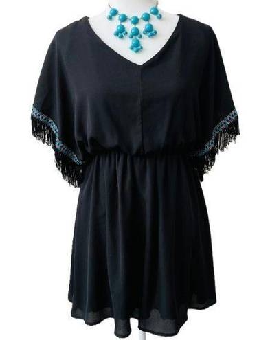 Alya Black Dress - Magyar Dolman Fringe Sleeves - Made in the USA - Size Medium