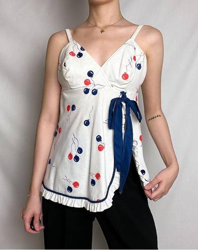 vintage 60s 70s white balloon print ruffle trim cami tank top