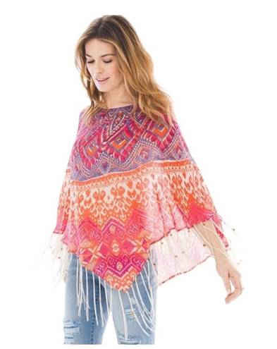 CHICO'S Phoebe Poncho Colorful Sheer Linen ONE SIZE w Beaded Fringe Pink Purple Size M