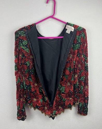 Laurence Kazar  New York Vintage Poinsettia Sequin Beaded Blouse Top Size Large