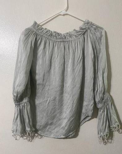 Karina Grimaldi  Womens 100% Silk Ada Top Off Shoulder Silver Quiet Luxury XS