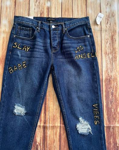 Kendall + Kylie  Women Embroidered Distressed Cropped Boyfriend Blue Jeans Sz 28