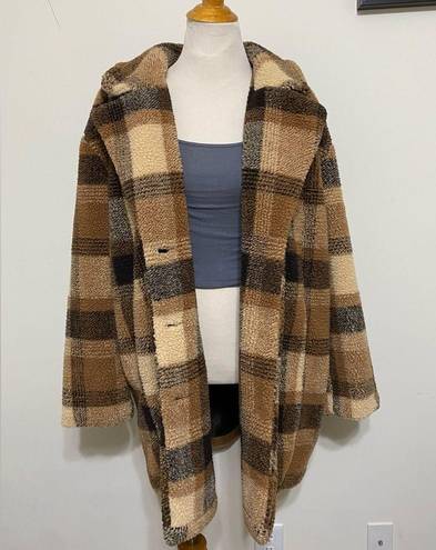 American Eagle  Outfitters Plaid Teddy Full Coat Oversize Brown Tan Lined Size L