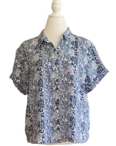 Nicole Miller  Top Blue White Coral Print Linen Short Sleeve Button Down Small