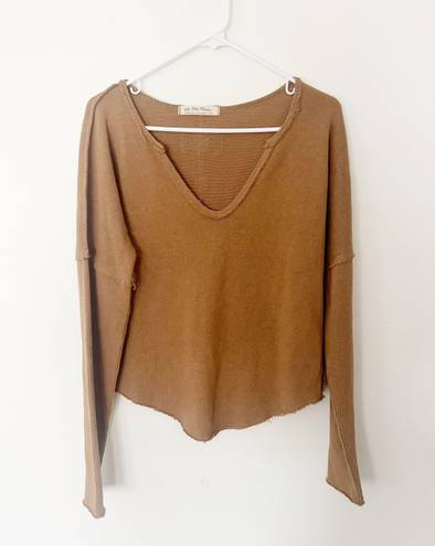 We The Free Light Brown Knit Frayed Slouch VNeck Sweater